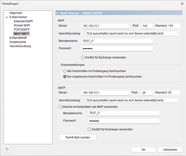IMAP- und SMTP-Einstellungen